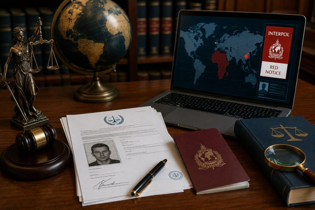 Je vais traiter le sujet sous l’angle du droit international pénal et de la coopération judiciaire, en distinguant notamment mandat d’arrêt international, notice rouge Interpol et